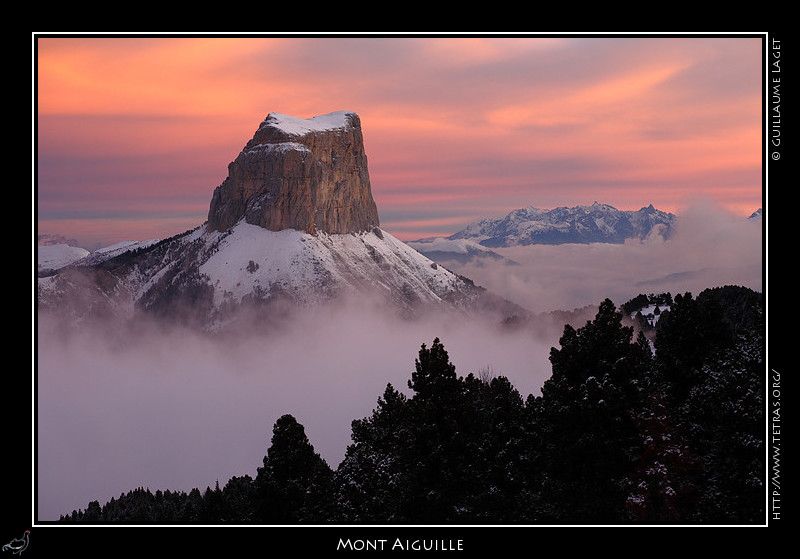 Rcits de randonnes : Un petit sprint alors que le jour arrive pour trouver un point de vue dgag sur le Mont Aiguille : cette photo est prise entre deux branches de pins,
 le cadrage serr impos par les lieux.
 
