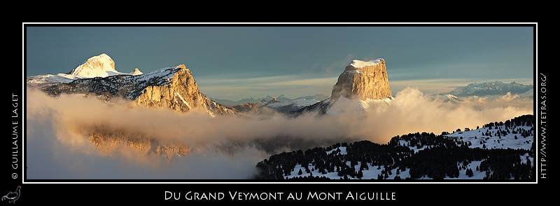 Rcits de randonnes : Un des plus agrables cadrages sur le Mont Aiguille que je connaisse...en version panoramique, du Mont Aiguille au Grand Veymont. J'avais dj profit
 de conditions idales par ici il y a longtemps, petite chute de neige et nuages
 bas : occasion de prendre
 cette
 image, largement diffuse en particulier dans mon <a
 href=