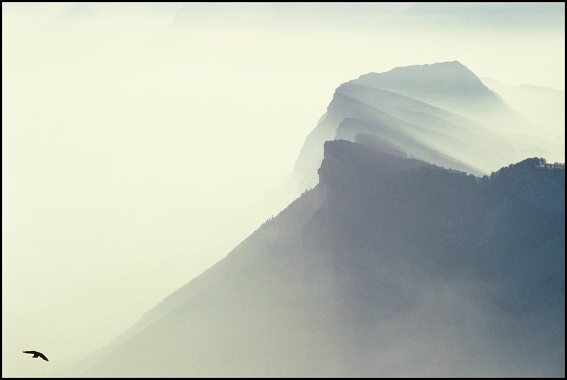 Photo : Un chocard plane sur les brumes de valle : le Saint-Eynard vu de la Dent de Crolles (Chartreuse) 
