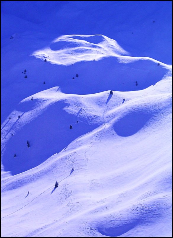 Photo : Soleil rasant sur les reliefs du vallon d'Ane, au pied du pic de Bure.Peu de neige la semaine passe, mais ce vallon expos au nord a gard beaucoup de neige non transforme...une belle sortie tranquille en raquette.Photo prise avec un compact numrique...un peu floue mais cela permet de l'avoir  temps pour souhaiter la nouvelle anne, avant de rcuprer les diapositives en dbut de semaine. 
