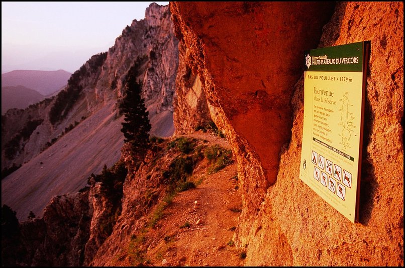 Photo : Comme l'indique le panneau de la Rserve des Hauts-Plateaux du Vercors, cette photo est prise dans le Pas du Fouillet.Variante du dbonnaire pas des Bachassons, le pas du Fouillet est un raccourci pour rejoindre l'abri des Aiguillettes et le Grand Veymont depuis la Btie de Gresse.Quelques mtres  flanc de falaises sur un sentier de terre et petits cailloux glissants le rendent un peu dlicat...mais les chamois et les bouquetins sont l, ainsi que les edelweiss en pleine priode de floraison. 
