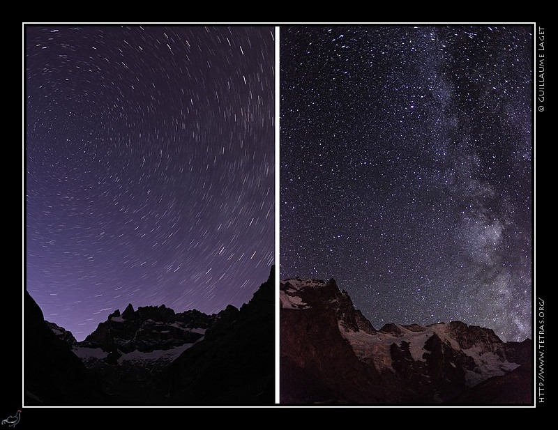 Photo :  Voici une double vue cette semaine...j'avais du mal  choisir entre ces deux vues de la Meije, l'un des plus clbres sommets des Ecrins :  - face sud, depuis le vallon des Etanons  - face nord depuis  les hauteurs de la Grave  - pose longue et fil d'toiles, ou pose courte et voie lacte... 
