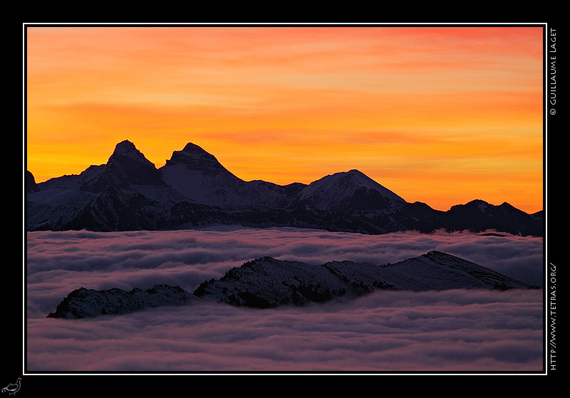 Photo : Le Roc et la Tte de Garnesier se dtachent d'un ciel voil, juste avant le lever de soleil. Les crtes du Platary mergent, elles,  peine de la mer de nuages qui recouvre le Trives. 
