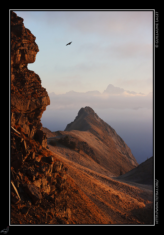 Photo : Le Pic de l'Aiguille au prs, les crins au loin...un oiseau...et peut-tre mme un personnage qui regarde tout a ! 
