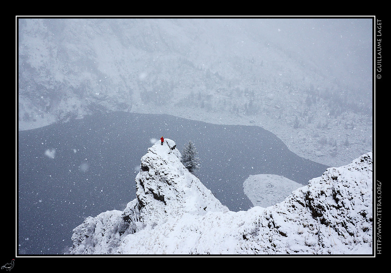 Photo : Perch sur un petit promontoire au dessus du Lauvitel. Les crins s'enneigent progressivement 
